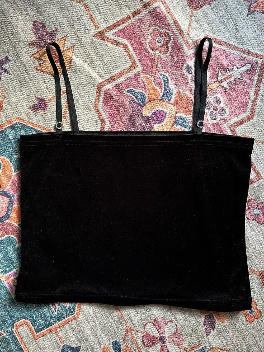 Simply Style Vintage Black Velour Velvet Rhinestone Strap Detail Cropped Tank